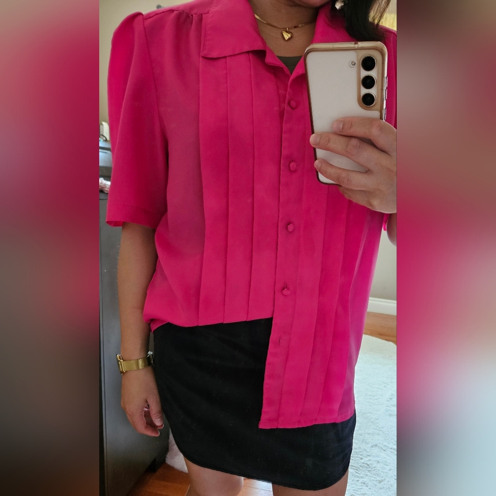 Bright Pink Button-Up Blouse - Picture 14 of 17